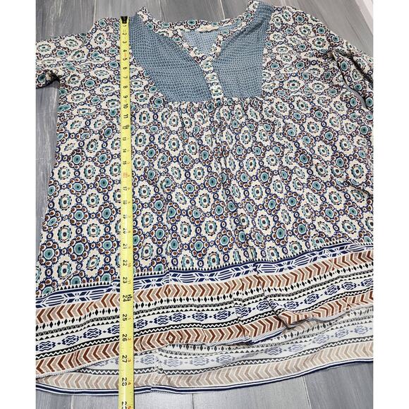 Easel Tunic Top Blouse V Neck Three Quarter Sleeve Size Medium Blue Boho Artsy - Picture 6 of 6